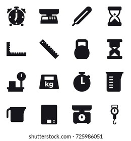16 vector icon set : alarm clock, market scales, ruler, measuring cup, kitchen scales, handle scales