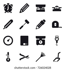 16 vector icon set : alarm clock, pencil, market scales, scales, measuring tape, barometer, kitchen scales, handle scales, thermometer, pruner, rake, scoop