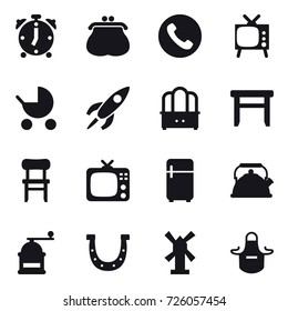 16 vector icon set : alarm clock, purse, phone, tv, baby stroller, dresser, stool, chair, fridge, kettle, hand mill, horseshoe, windmill, apron