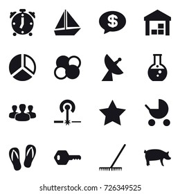 16 vector icon set : alarm clock, boat, money message, warehouse, diagram, atom core, satellite antenna, round flask, group, laser, star, baby stroller, flip-flops, key, rake, pig