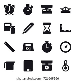 16 vector icon set : alarm clock, stopwatch, market scales, scales, scales weight, ruler, barometer, measuring cup, kitchen scales
