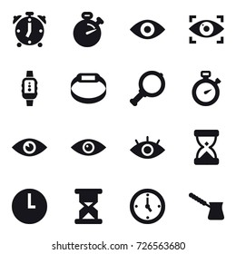 16 vector icon set : alarm clock, stopwatch, eye, eye identity, smartwatch, smart bracelet, magnifier, watch, turk