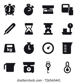 16 vector icon set : alarm clock, stopwatch, market scales, scales weight, barometer, measuring cup, kitchen scales, handle scales