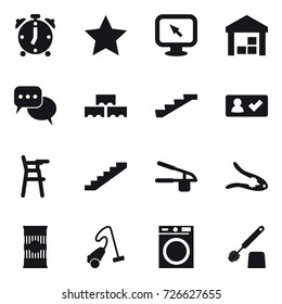 16 vector icon set : alarm clock, star, monitor arrow, warehouse, discussion, block wall, stairs, check in, Chair for babies, garlic clasp, walnut crack, vacuum cleaner, washing machine