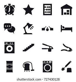 16 vector icon set : alarm clock, star, abacus, warehouse, discussion, table lamp, drawbridge, bed, washing machine, stairs, garlic clasp, walnut crack, vacuum cleaner, toilet brush