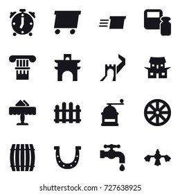 16 vector icon set : alarm clock, delivery, scales weight, column, arch, greate wall, japanese house, restaurant, fence, hand mill, wheel, barrel, horseshoe, water tap, hard reach place cleaning