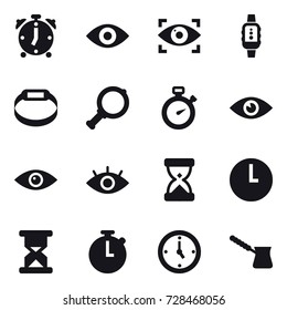 16 vector icon set : alarm clock, eye, eye identity, smartwatch, smart bracelet, magnifier, stopwatch, watch, turk