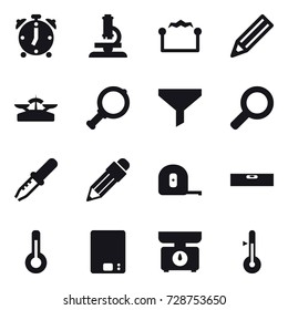16 vector icon set : alarm clock, microscope, electrostatic, pencil, scales, magnifier, funnel, measuring tape, level, thermometer, kitchen scales