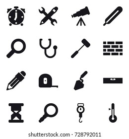 16 vector icon set : alarm clock, pencil wrench, telescope, brick wall, pencil, measuring tape, construction, level, handle scales, thermometer