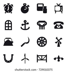 16 vector icon set : alarm clock, stopwatch, scales weight, tv, arch window, antique column, phone, kettle, sickle, wheel, windmill, horseshoe, farm fence, hard reach place cleaning