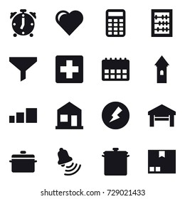 16 vector icon set : alarm clock, heart, calculator, abacus, funnel, tower, home, electricity, garage, pan, bell, package