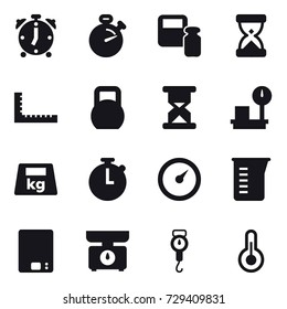 16 vector icon set : alarm clock, stopwatch, scales weight, ruler, barometer, measuring cup, kitchen scales, handle scales