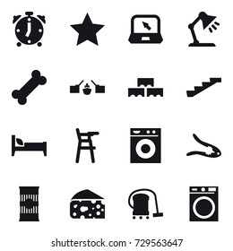 16 vector icon set : alarm clock, star, notebook, table lamp, drawbridge, block wall, stairs, bed, Chair for babies, washing machine, walnut crack, cheese, vacuum cleaner