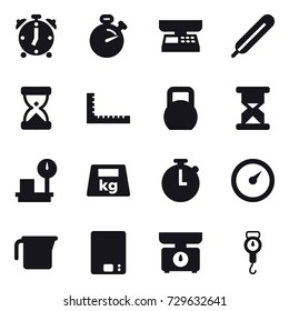 16 vector icon set : alarm clock, stopwatch, market scales, ruler, barometer, measuring cup, kitchen scales, handle scales
