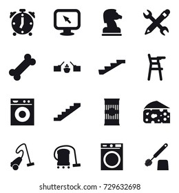 16 vector icon set : alarm clock, monitor arrow, chess horse, pencil wrench, drawbridge, stairs, Chair for babies, washing machine, cheese, vacuum cleaner, toilet brush