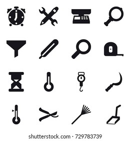 16 vector icon set : alarm clock, pencil wrench, market scales, magnifier, funnel, measuring tape, thermometer, handle scales, sickle, pruner, rake, scoop