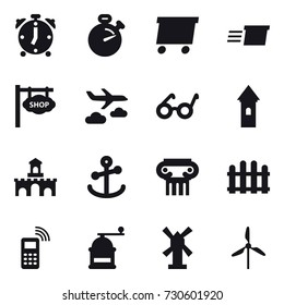 16 vector icon set : alarm clock, stopwatch, delivery, shop signboard, journey, tower, fort, antique column, fence, hand mill, windmill