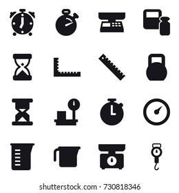 16 vector icon set : alarm clock, stopwatch, market scales, scales weight, ruler, barometer, measuring cup, kitchen scales, handle scales