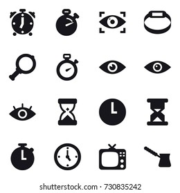 16 vector icon set : alarm clock, stopwatch, eye identity, smart bracelet, magnifier, watch, tv, turk
