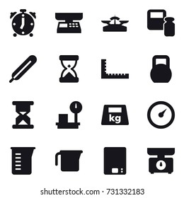 16 vector icon set : alarm clock, market scales, scales, scales weight, ruler, barometer, measuring cup, kitchen scales