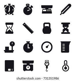 16 vector icon set : alarm clock, stopwatch, market scales, ruler, barometer, measuring cup, kitchen scales, handle scales