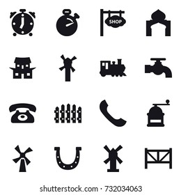 16 vector icon set : alarm clock, stopwatch, shop signboard, minaret, japanese house, windmill, train, water tap, phone, fence, hand mill, horseshoe, farm fence