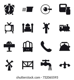 16 vector icon set : alarm clock, delivery, cell corection, scales weight, tv, minaret, windmill, train, restaurant, dresser, kettle, farm fence, water tap, hard reach place cleaning