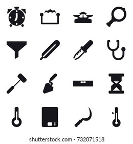 16 vector icon set : alarm clock, electrostatic, scales, magnifier, funnel, construction, level, thermometer, kitchen scales, sickle