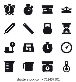 16 vector icon set : alarm clock, stopwatch, market scales, scales, ruler, barometer, measuring cup, kitchen scales