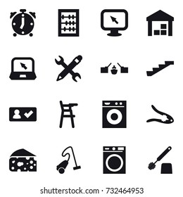 16 vector icon set : alarm clock, abacus, monitor arrow, warehouse, notebook, pencil wrench, drawbridge, stairs, check in, Chair for babies, washing machine, walnut crack, cheese, vacuum cleaner