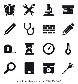 16 vector icon set : alarm clock, pencil wrench, microscope, market scales, brick wall, pencil, measuring tape, barometer, thermometer, kitchen scales, rake