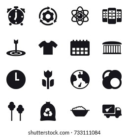 16 vector icon set : alarm clock, around gear, atom, server, target, t-shirt, airport building, earth, trees, garbage bag, foam basin, home call cleaning