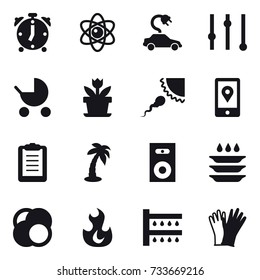 16 vector icon set : alarm clock, atom, electric car, equalizer, baby stroller, flower, palm, speaker, plate washing, watering, gloves
