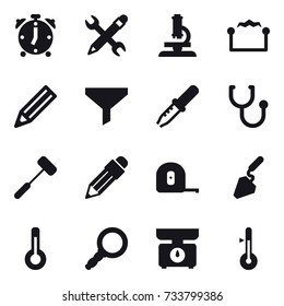 16 vector icon set : alarm clock, pencil wrench, microscope, electrostatic, pencil, funnel, measuring tape, construction, thermometer, kitchen scales