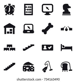 16 vector icon set : alarm clock, abacus, monitor arrow, chess horse, warehouse, notebook, drawbridge, block wall, stairs, check in, bed, cheese, vacuum cleaner