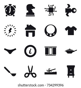 16 vector icon set : alarm clock, chess horse, chip, satellite, lightning, home, necklace, t-shirt, underpants, info, wardrobe, pan, ladle, scissors, soil cutter, hive