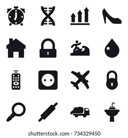 16 vector icon set : alarm clock, dna, graph up, shoes, home, lock, surfer, drop, remote control, power socket, rolling pin, trash truck, water tap sink