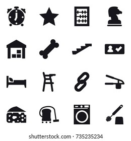16 vector icon set : alarm clock, star, abacus, chess horse, warehouse, stairs, check in, bed, Chair for babies, garlic clasp, cheese, vacuum cleaner, washing machine, toilet brush