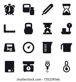 16 vector icon set : alarm clock, scales weight, ruler, barometer, measuring cup, kitchen scales, handle scales