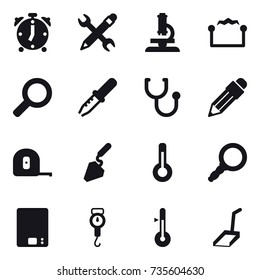 16 vector icon set : alarm clock, pencil wrench, microscope, electrostatic, pencil, measuring tape, construction, thermometer, kitchen scales, handle scales, scoop