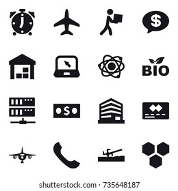 16 vector icon set : alarm clock, plane, courier, money message, warehouse, notebook, atom, bio, server, money, soil cutter, honeycombs