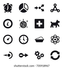 16 vector icon set : alarm clock, diagram, core splitting, spinner, info, disco ball, first aid, dog, barometer, watch, washing, gears, reload