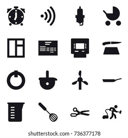 16 vector icon set : alarm clock, wireless, spark plug, baby stroller, window, atm, cutting board, pan, measuring cup, whisk, scissors, vacuum cleaner
