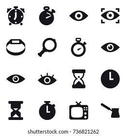 16 vector icon set : alarm clock, stopwatch, eye, eye identity, smart bracelet, magnifier, tv, turk