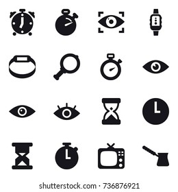 16 vector icon set : alarm clock, stopwatch, eye identity, smartwatch, smart bracelet, magnifier, tv, turk