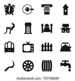 16 vector icon set : alarm clock, cell corection, column, tower, greate wall, building, minaret, japanese house, dresser, tv, fence, kettle, sickle, wheel, barrel, water tap