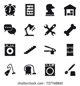 16 vector icon set : alarm clock, abacus, chess horse, warehouse, discussion, table lamp, pencil wrench, washing machine, stairs, garlic clasp, vacuum cleaner, toilet brush