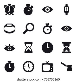 16 vector icon set : alarm clock, stopwatch, eye, smartwatch, smart bracelet, magnifier, watch, tv, turk