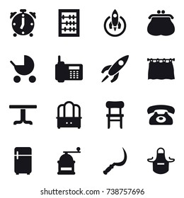 16 vector icon set : alarm clock, abacus, rocket, purse, baby stroller, curtain, table, dresser, chair, phone, fridge, hand mill, sickle, apron