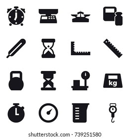 16 vector icon set : alarm clock, market scales, scales, scales weight, ruler, barometer, measuring cup, handle scales
